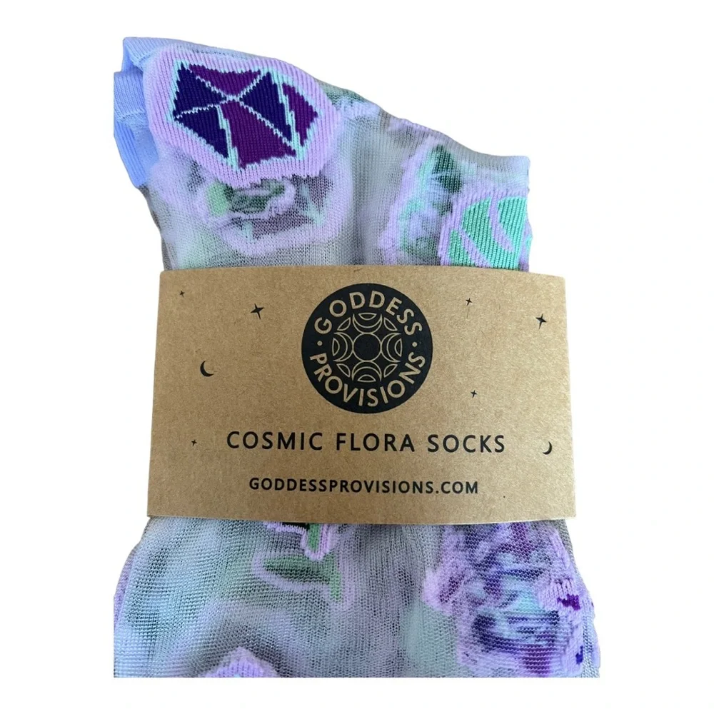 Goddess Provisions Embroidered Sheer Mesh Ankle Socks in Purple Cosmic Flora